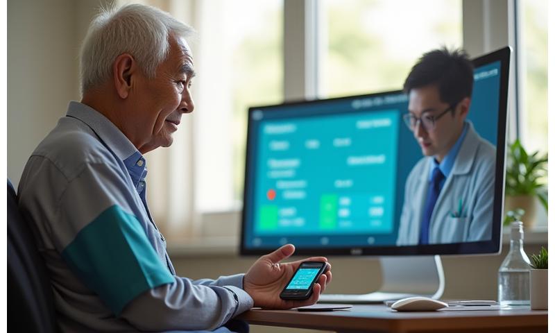 自宅でバイタルサインを測定する高齢者と、そのデータをモニターする医療スタッフ